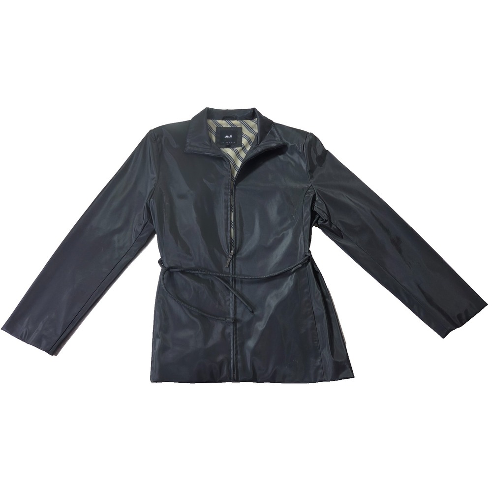 JLC New York Womens Large Rain Jacket Coat Black Belted Full Zip Lined